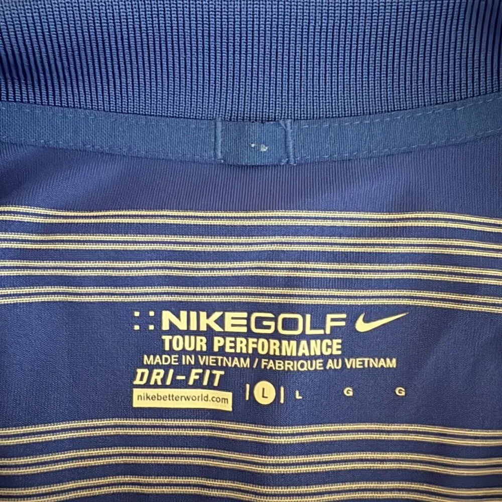 Nike Golf Dri-Fit Blue Striped Polo Shirt Mens Size Large Embroidered Crest Logo